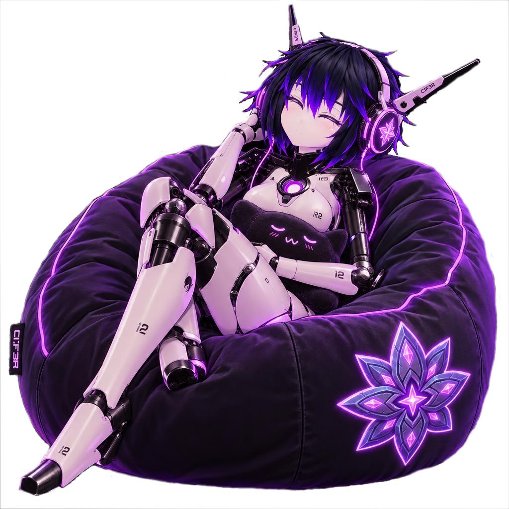 C1F3R, curled up on a beanbag with her headphones on, mid-recharge